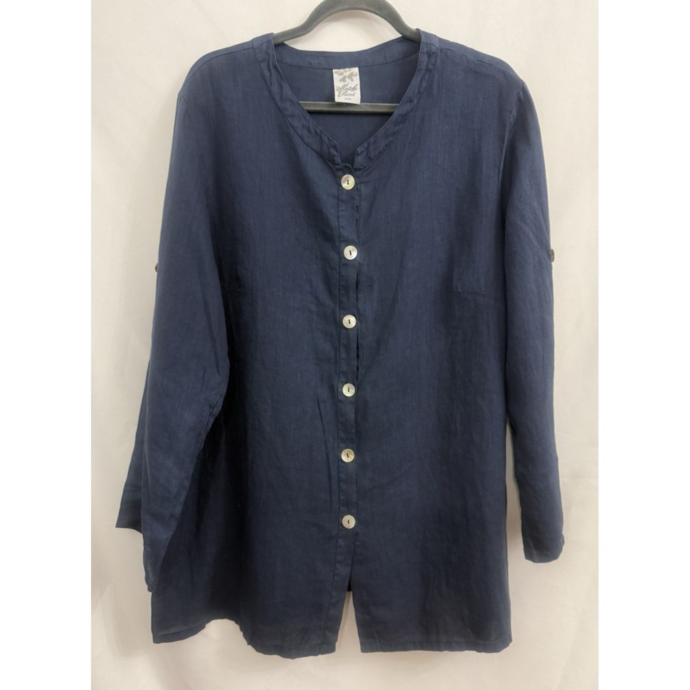 Match Point Navy 100% Linen Tunic Top Lagenlook Roll Tab Sleeve Womens XL